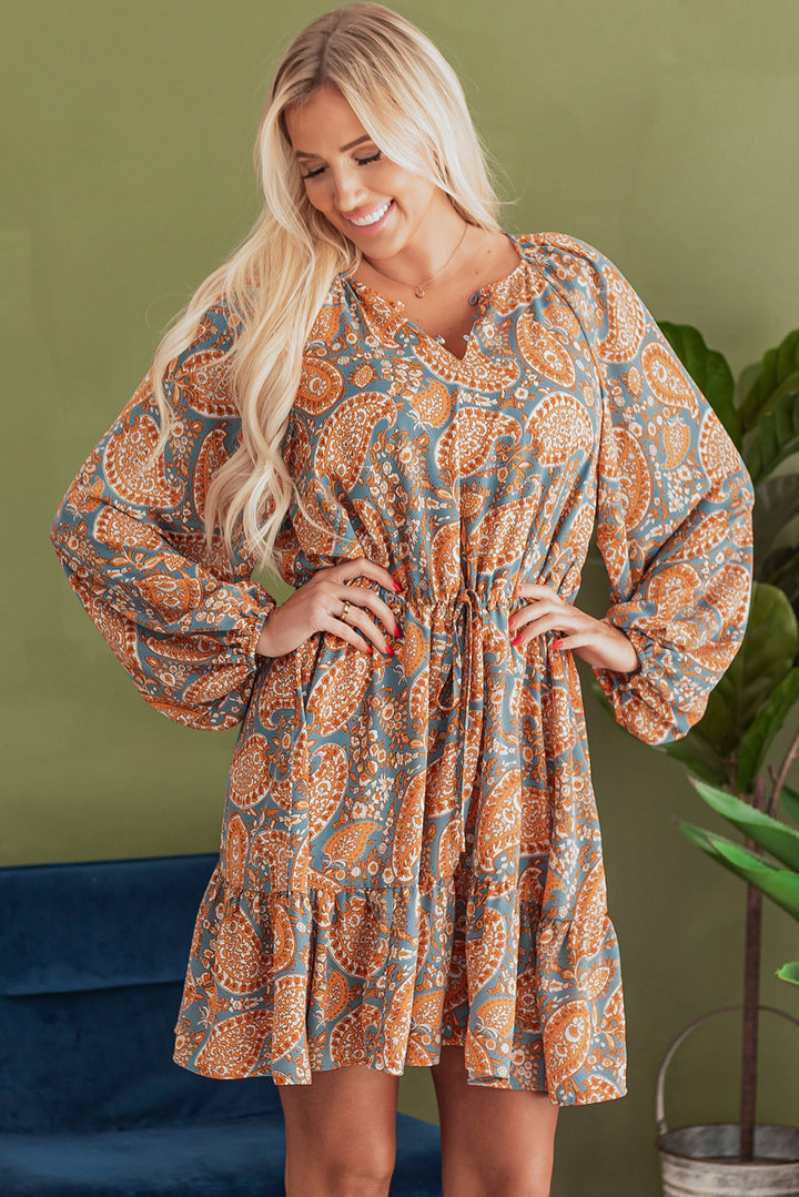 Orange Paisley Print Loose Fit Drawstring High Waist Mini Dress