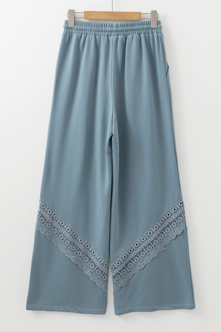 Dusk Blue Lace Crochet Patched Lace-up High Waist Wide Leg Pants