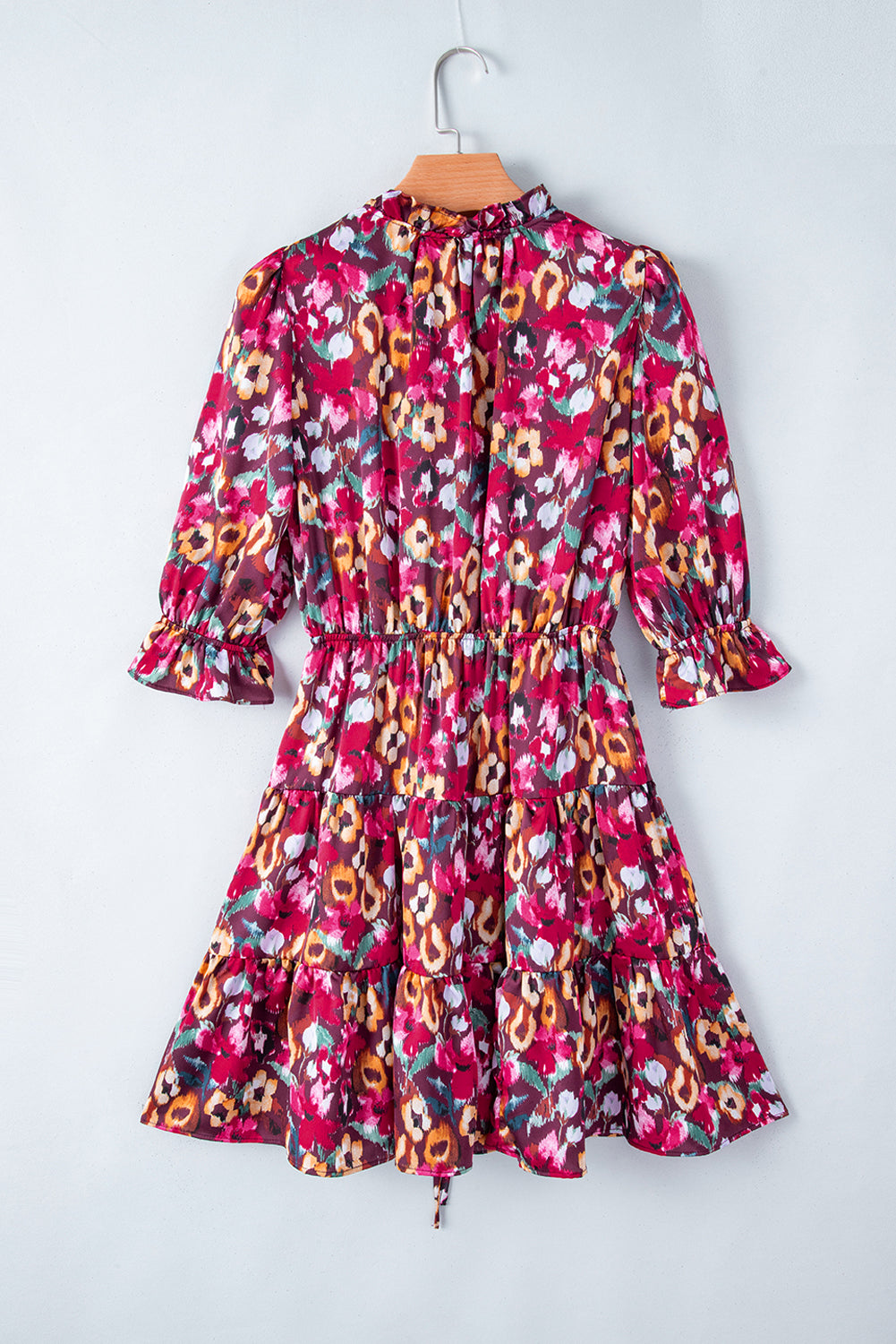 Rose Red Floral Print Tiered Ruffled Half Sleeve V Neck Dress