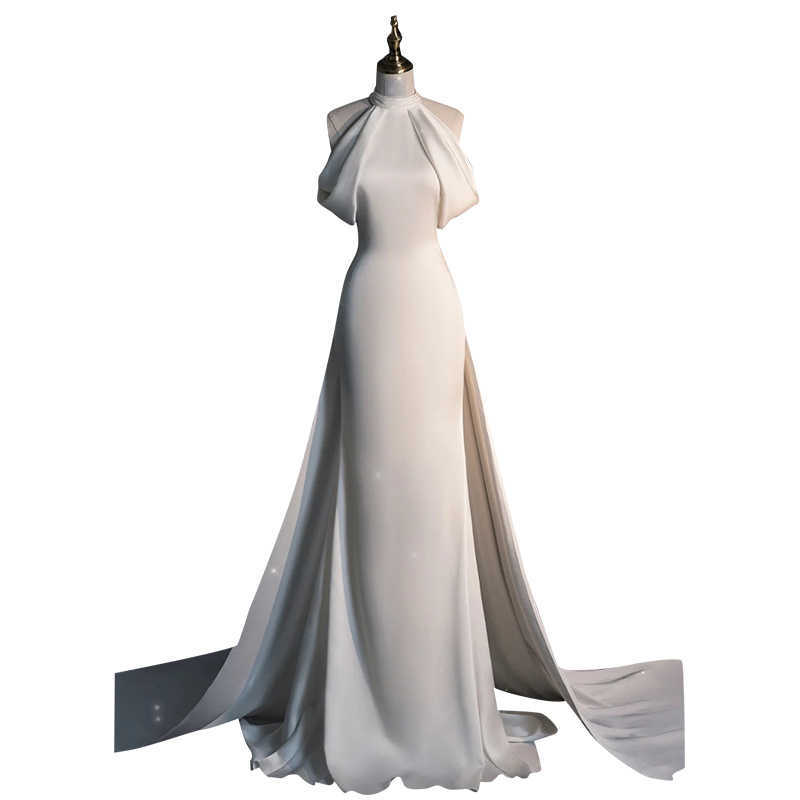 Halter Light Wedding Dress Satin Simple Trailing Fishtail Gown