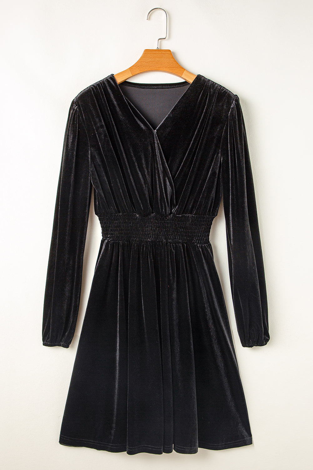 Black Velvet Long Sleeve Surplice High Waist Mini Dress