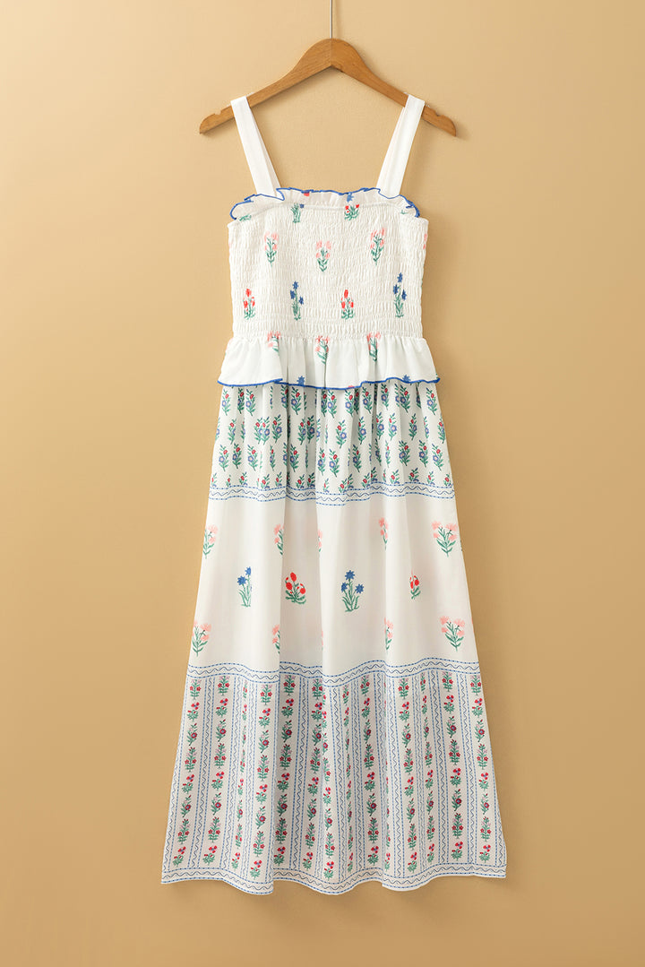 White Floral Print Smocked Ruffled Sleeveless Maxi Dress