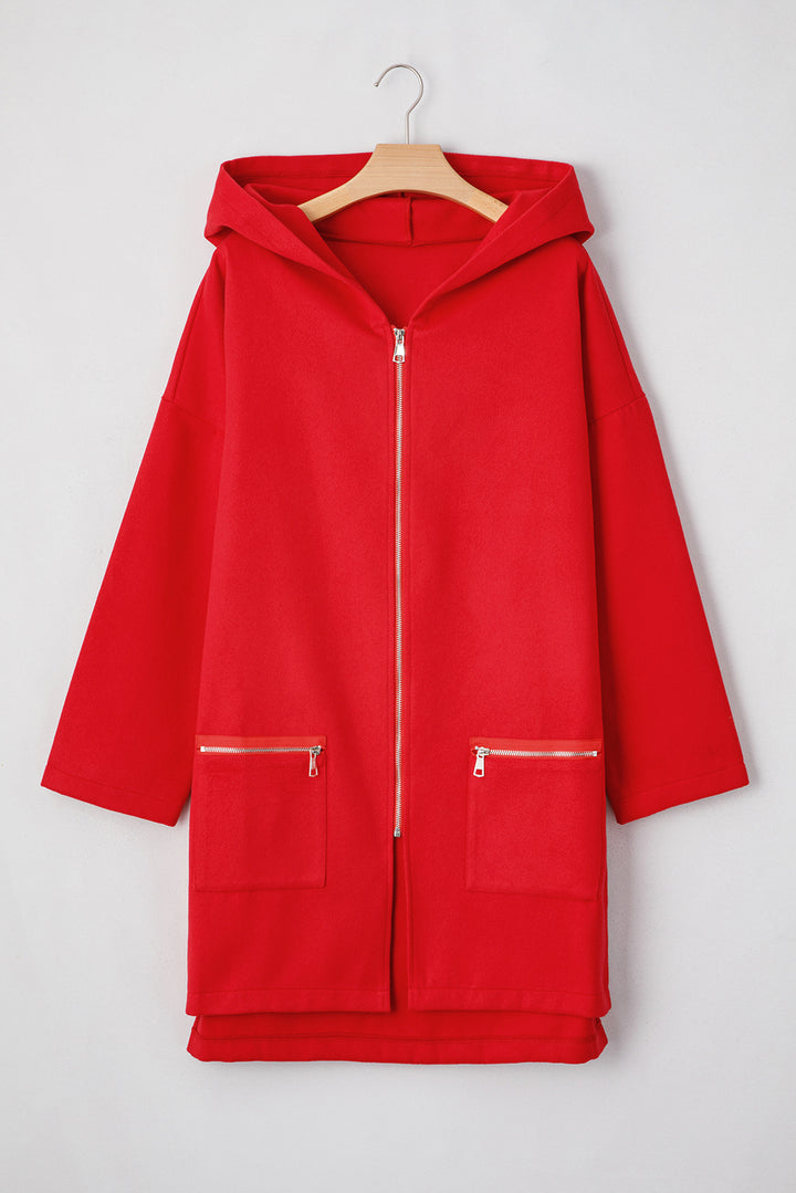 Fiery Red Solid Color Casual Zip up Hooded Coat