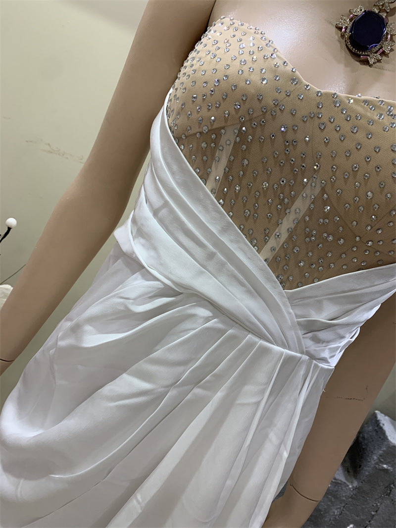 Rhinestone High Slit White Bra Dress