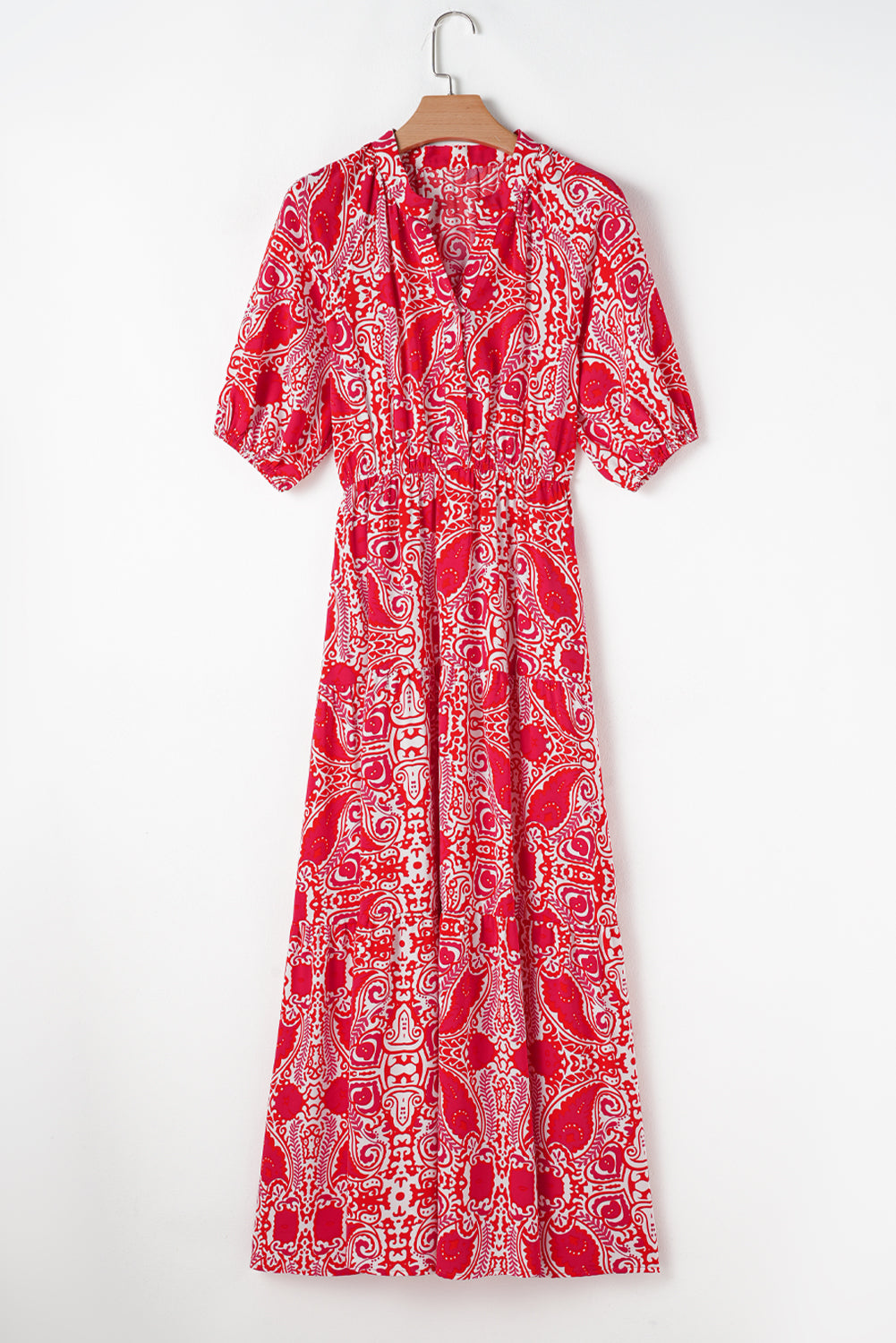 Rotes Maxikleid mit Paisley-Print, seitlichen Schlitzen und hoher Taille sowie Puffärmeln