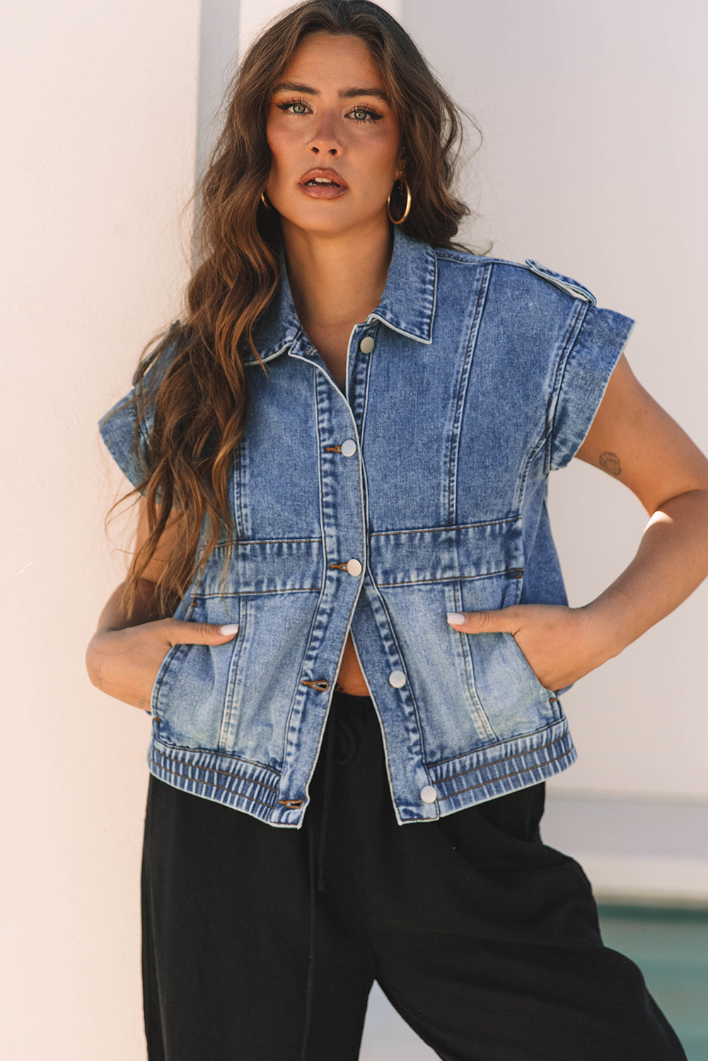 Ashleigh Blue Acid Wash Elastic Hem Button Up Denim Vest