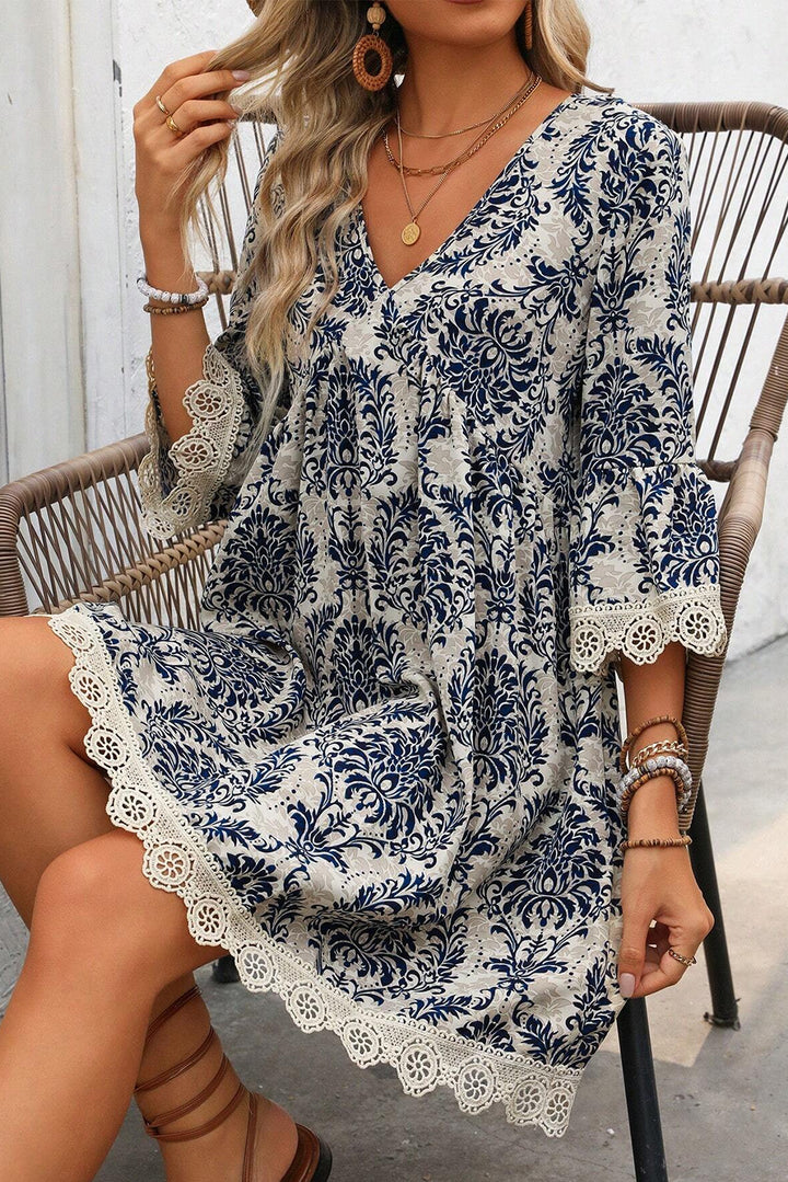 Sky Blue Vintage Printed Lace Trim V Neck 3/4 Sleeve Loose Dress