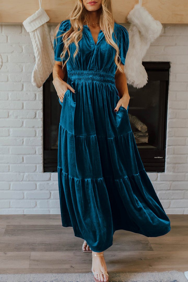 Prussian Blue Velvet Short Sleeve Shirred Waist Tiered Maxi Dress