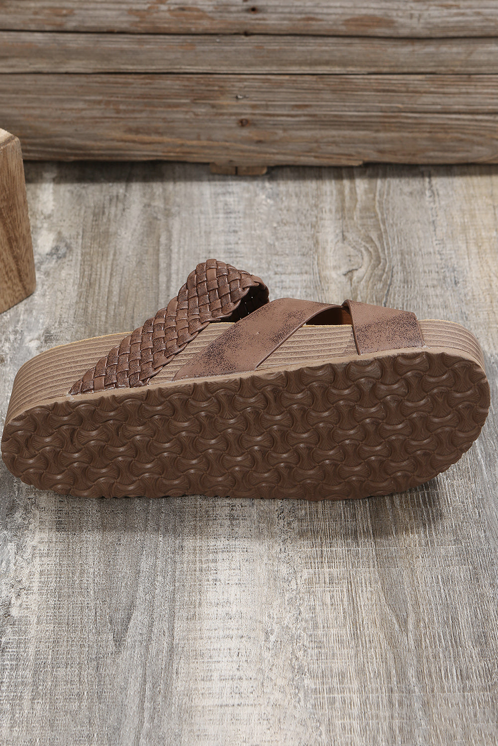 Brown Braided Detail Criss Cross Platform Slippers