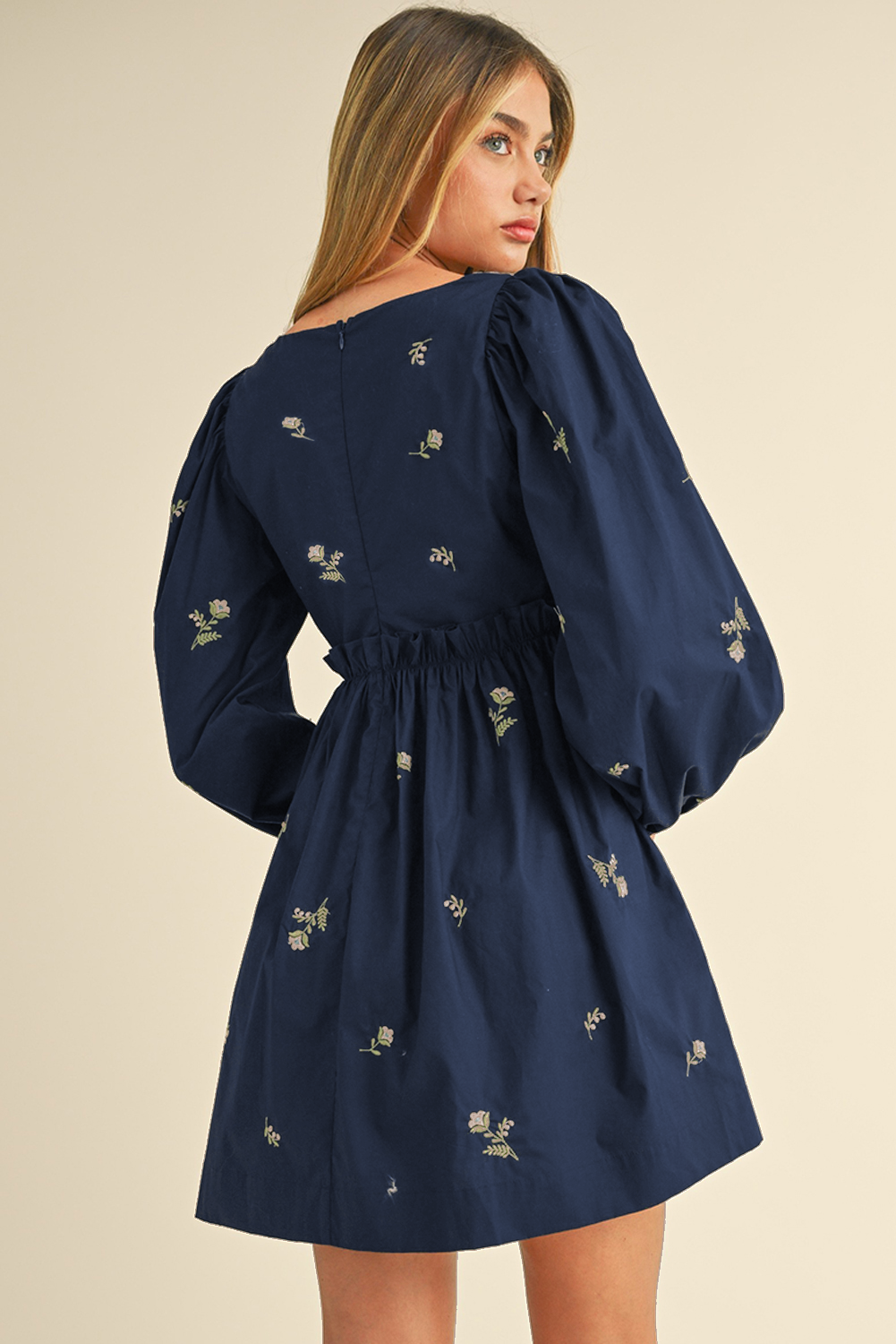 Blue Floral Embroidered Square Neck Puff Sleeve Ruffled Mini Dress