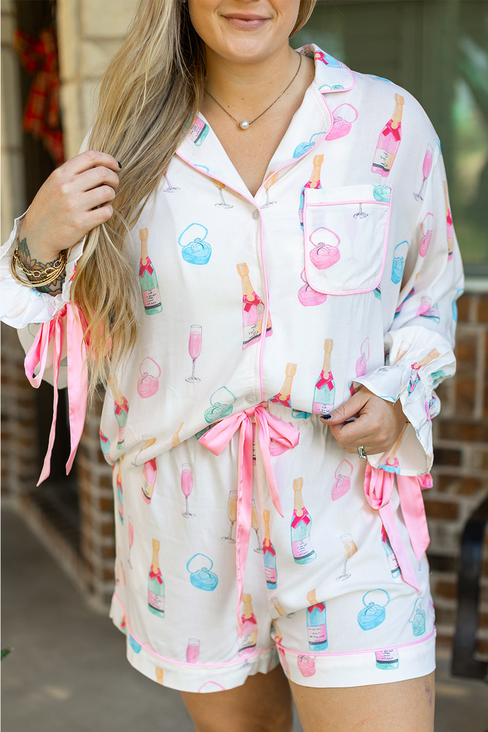 White Plus Size Wine Glass Print Bow Knot Pajama Set