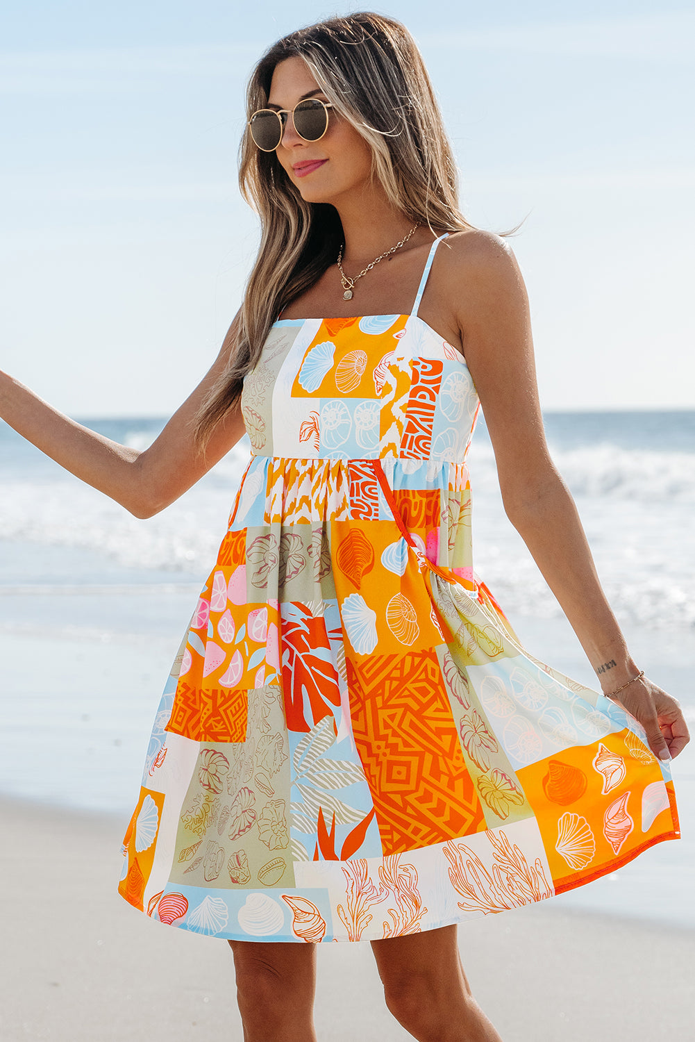 Orange Seashell Patchwork Print Self-tie Flowy Sundress