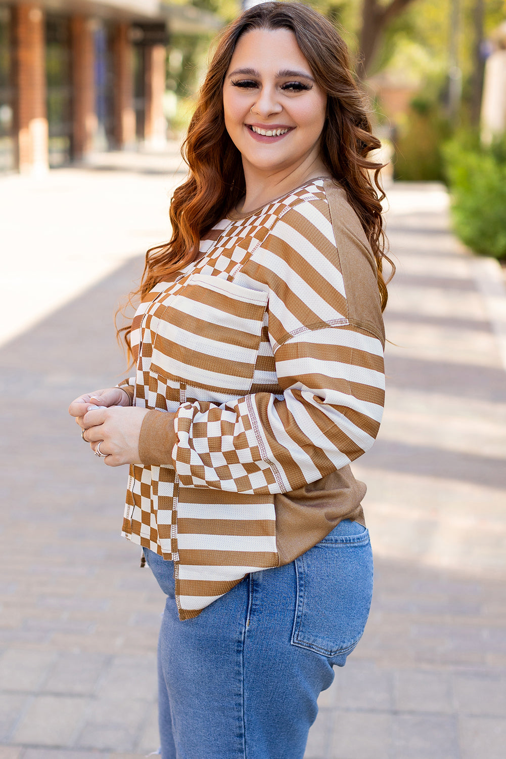 Khaki Striped Checkered Mixed Print Chest Pocket Casual Plus Size Top