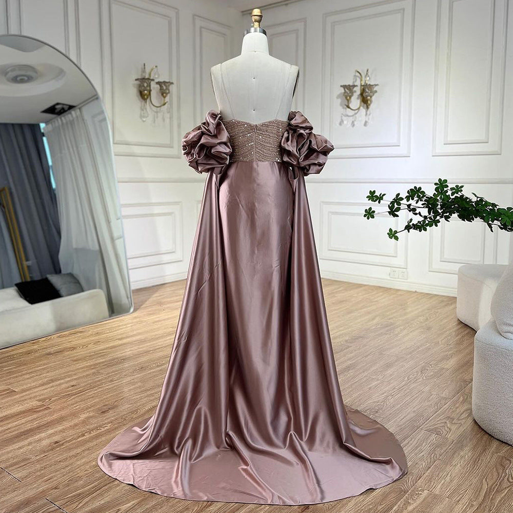 Dried Rose High-end Elegant Beaded Fishtail Annual Party Banquet Host Luxury Dress