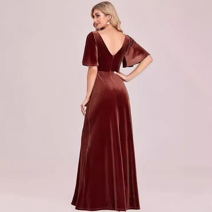 Elegant Bridesmaid Cocktail Party Banquet V-neck Velvet Evening Dress