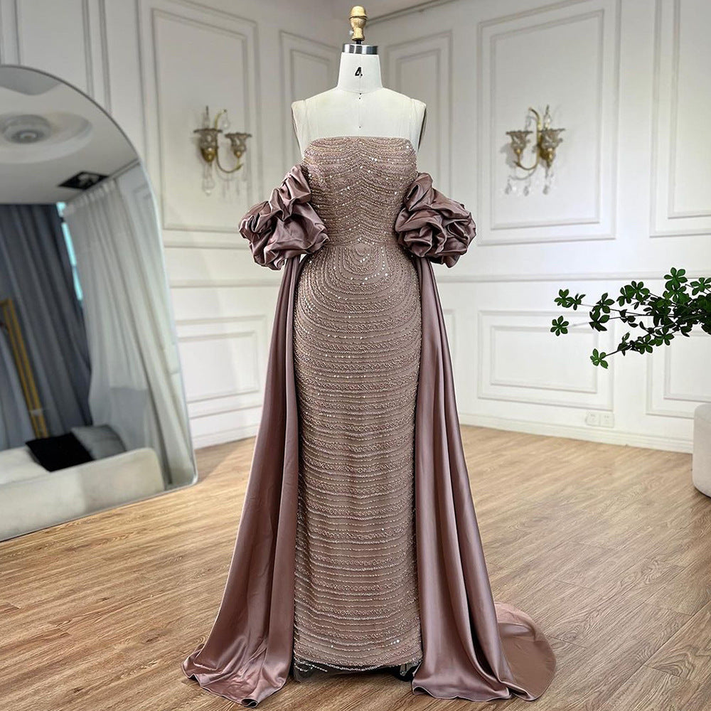 Dried Rose High-end Elegant Beaded Fishtail Annual Party Banquet Host Luxury Dress