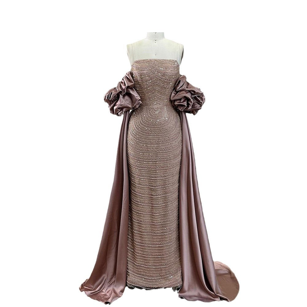 Dried Rose High-end Elegant Beaded Fishtail Annual Party Banquet Host Luxury Dress