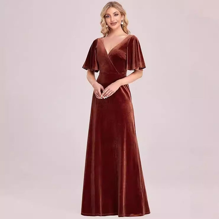 Elegant Bridesmaid Cocktail Party Banquet V-neck Velvet Evening Dress