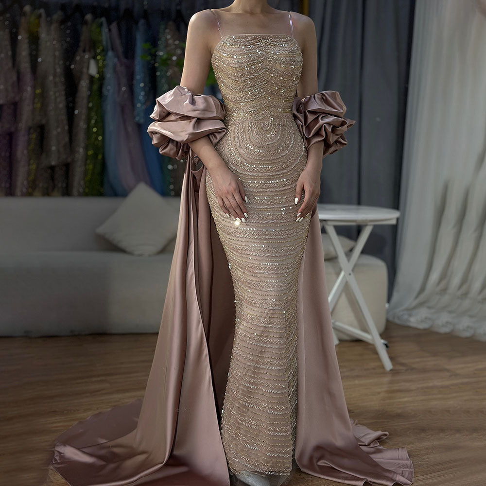 Dried Rose High-end Elegant Beaded Fishtail Annual Party Banquet Host Luxury Dress