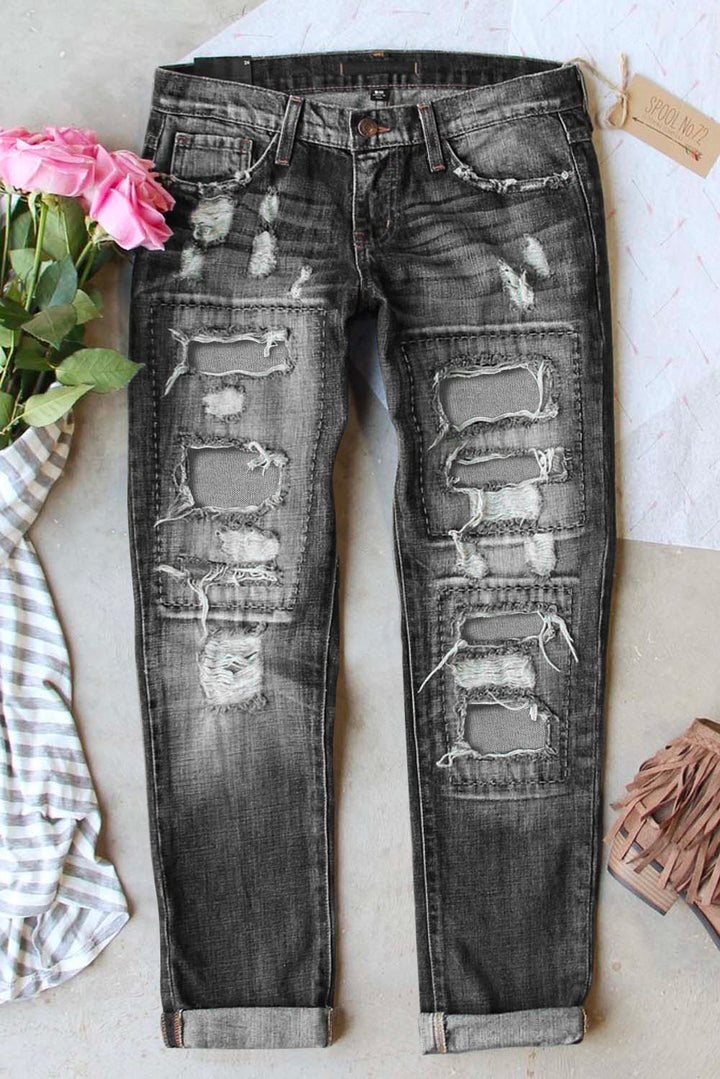 Gray Buttoned Pockets Distressed Jeans