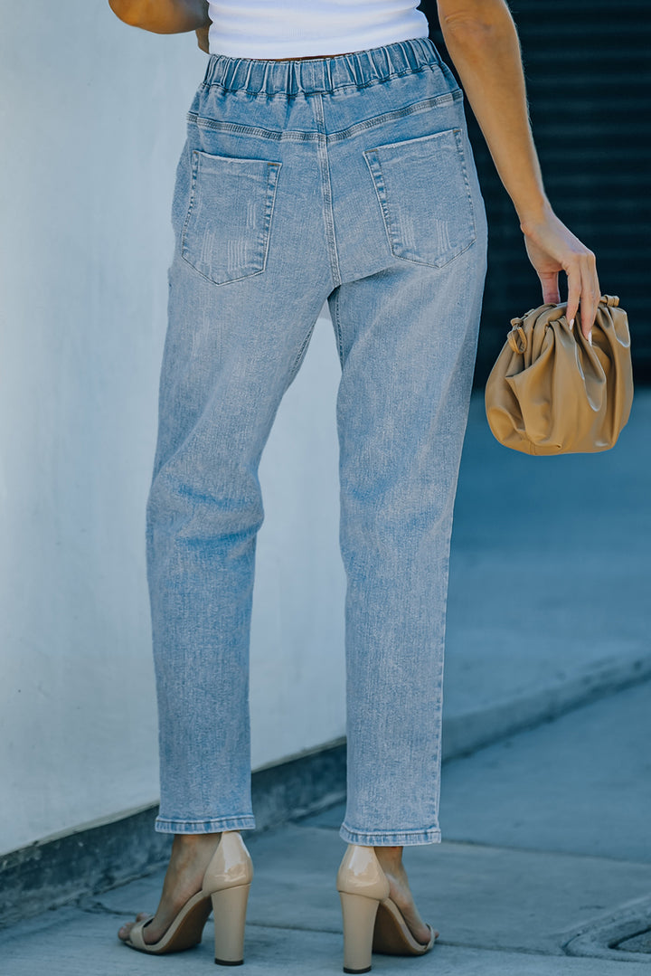 Sky Blue Gather Round Distressed Pocketed Denim Jogger