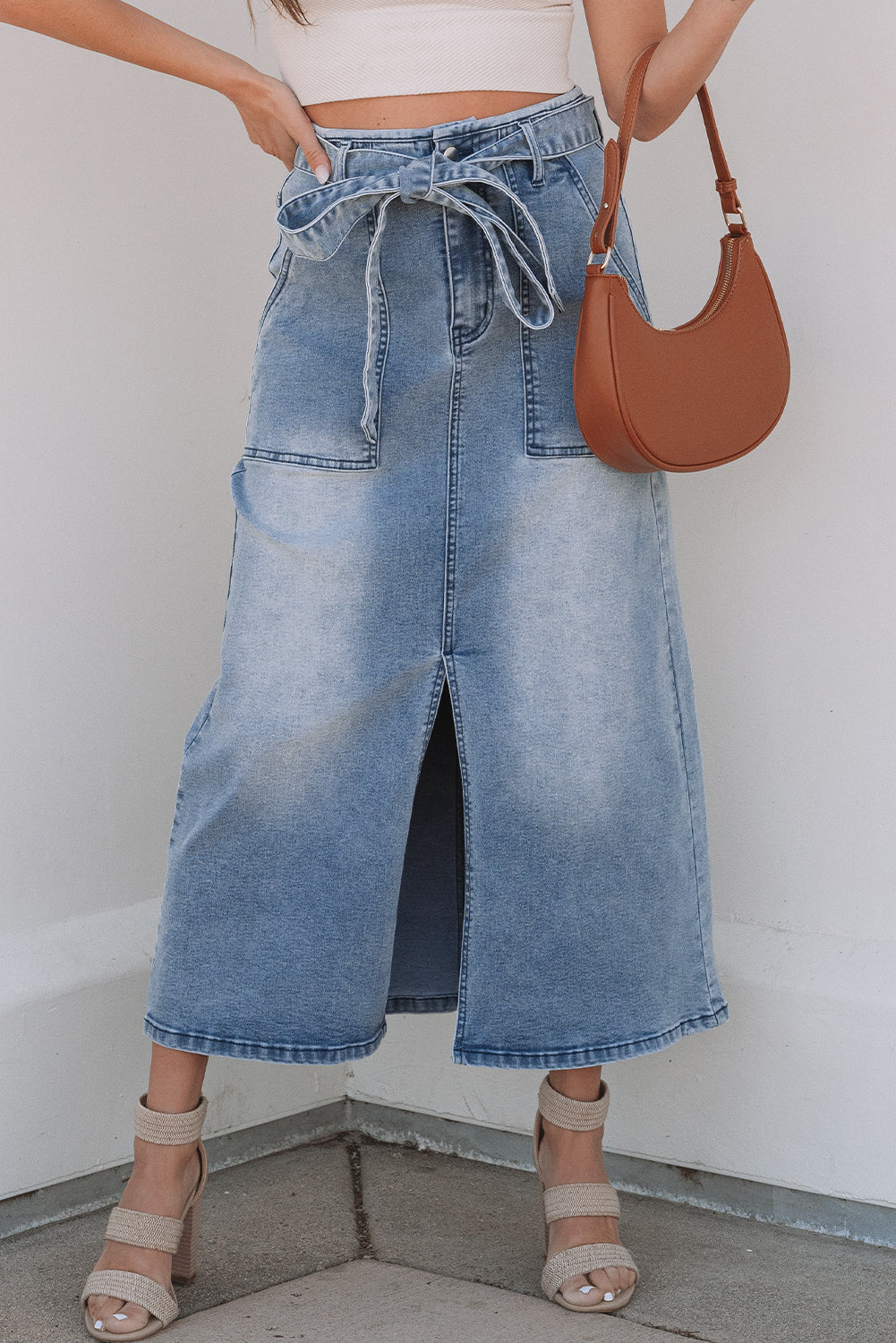 Dusk Blue Light Wash Belted High Waist Midi Denim Skirt