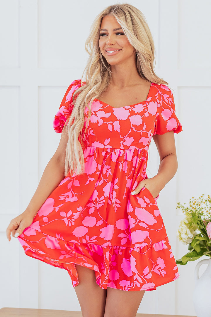 Red Floral Bubble Sleeve Sweetheart Neck Ruffled Mini Dress