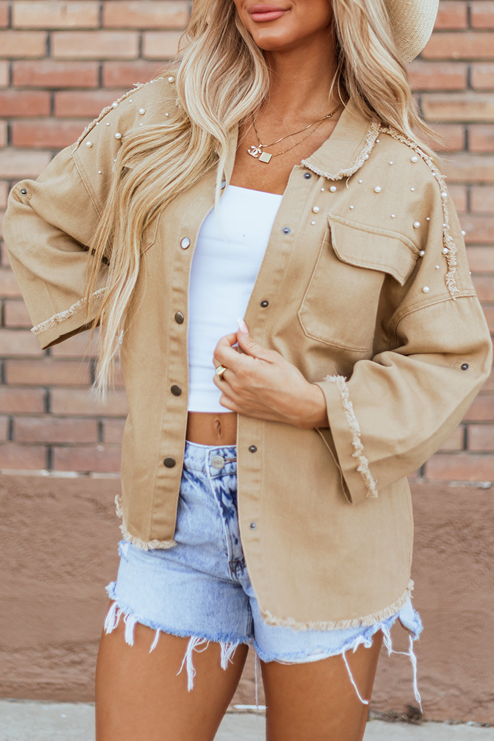 Khaki Pearl Beaded Raw Hem Button Up Denim Jacket