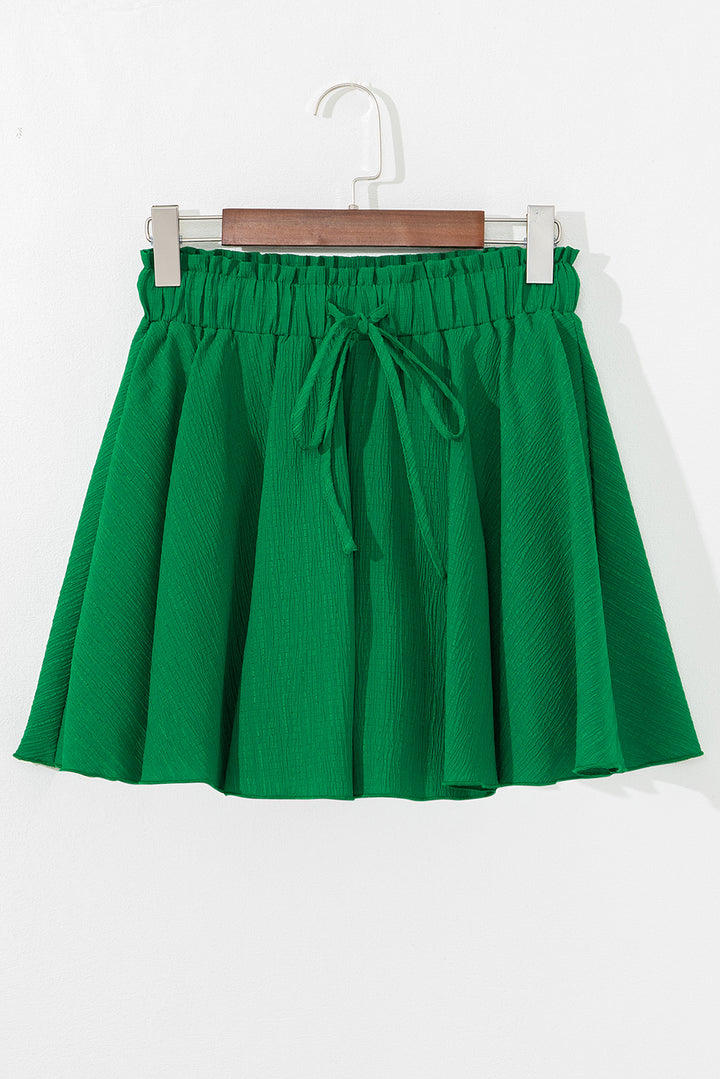 Dark Green Textured Frilled Lace-up High Waist Ruffle Wide Leg Shorts