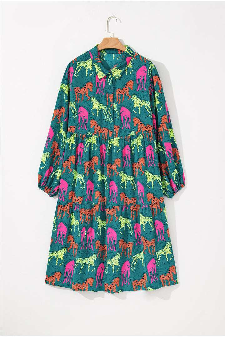 Green Horse Printed Long Sleeve Collared Buttoned Plus Size Midi Dress