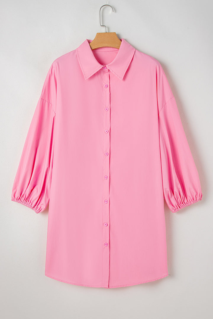 Bright Pink Balloon Sleeve Button Up Mini Shirt Dress