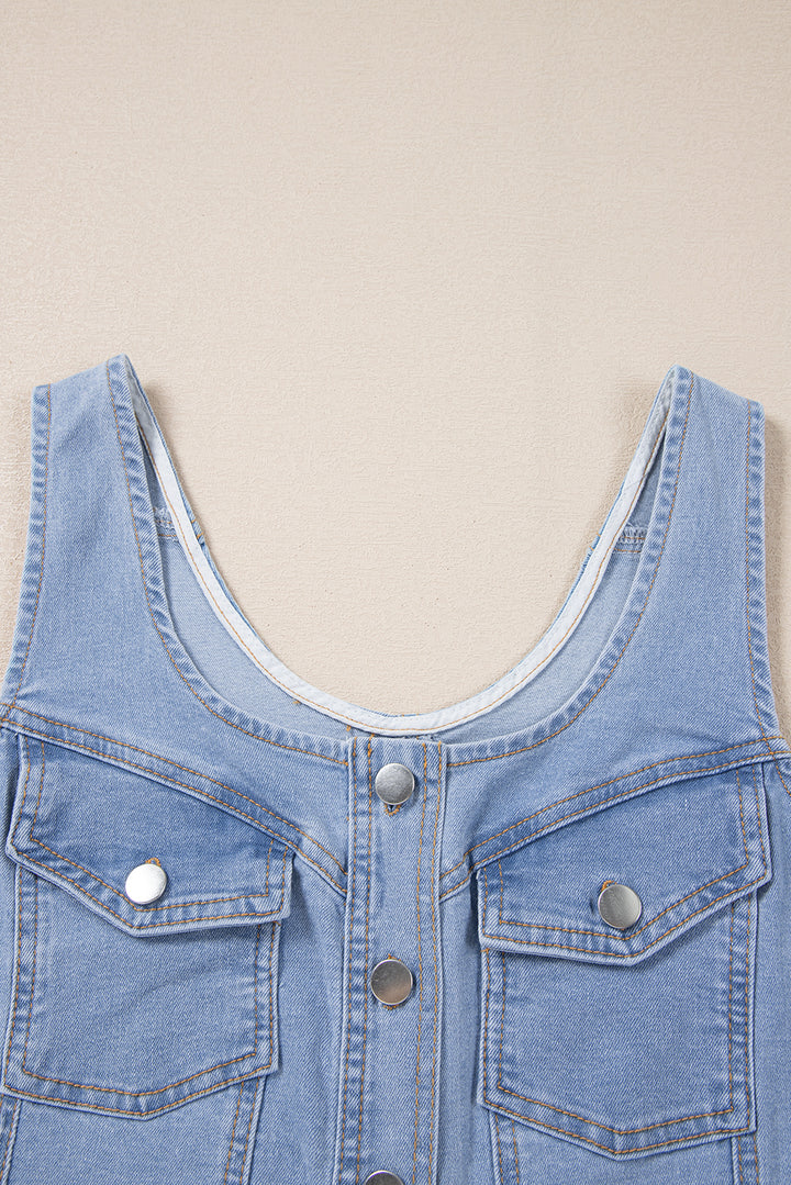 Beau Blue Light Wash Denim Buttoned Front Chest Pockets Sleeveless Slim Mini Dress