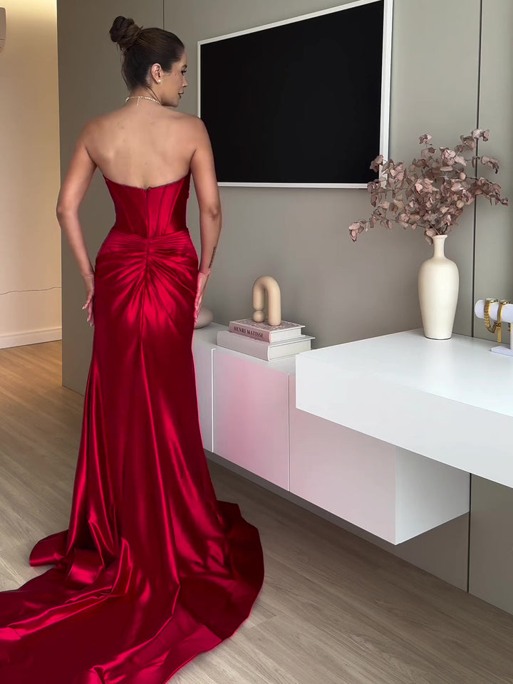 Tube Top Slit Red Extra Long Evening Dress