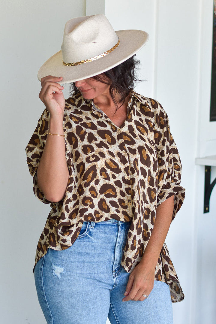 Khaki Plus Size Leopard Print Short Sleeve Buttoned Shirt