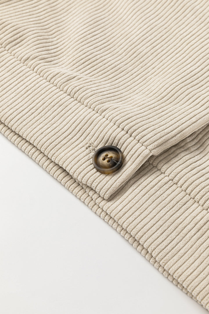 Beige Flap Pockets Buttoned Turn Down Collar Corduroy Shacket