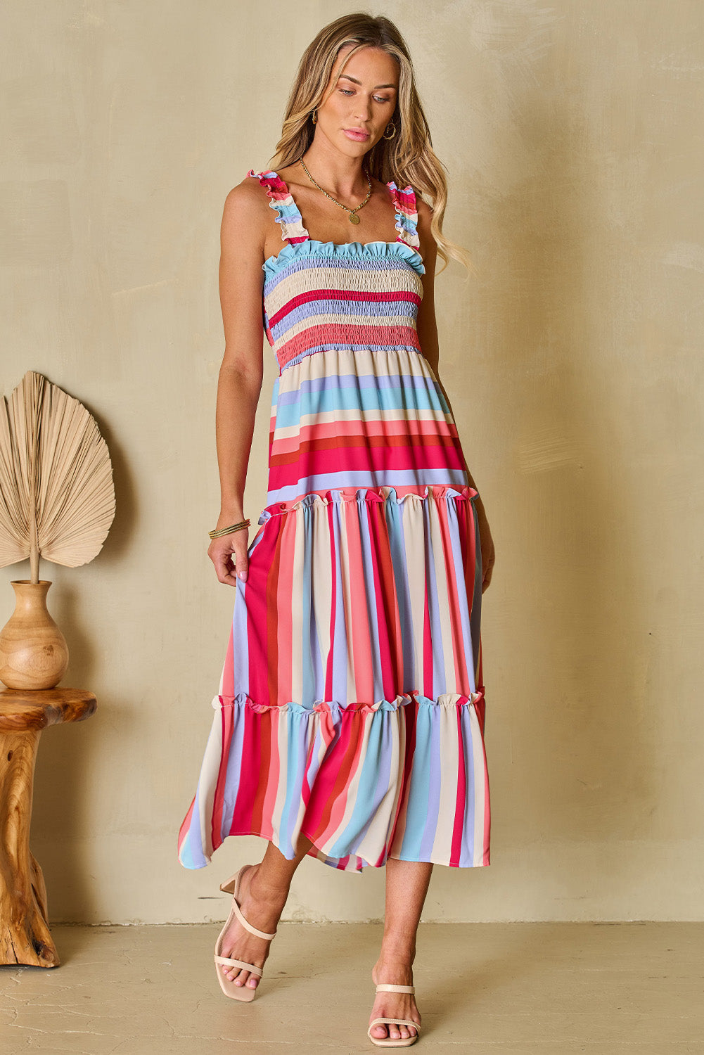 Red Stripe Ruffled Straps Smocked Tiered Long Dress