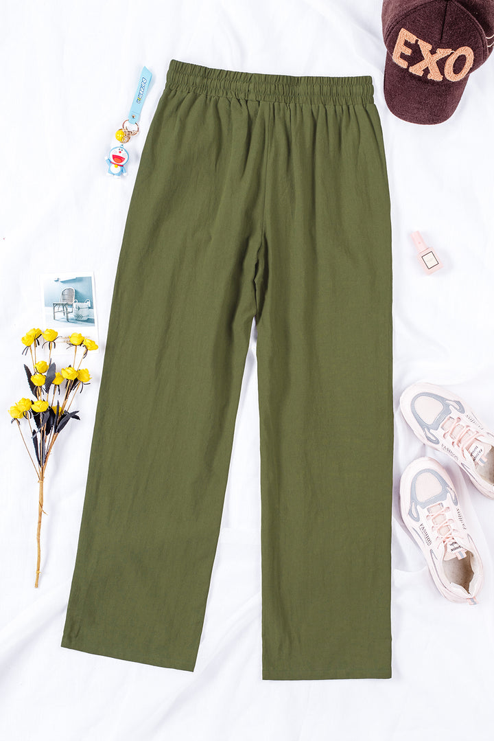 Green Drawstring Elastic Waist Pockets Long Straight Legs Pants