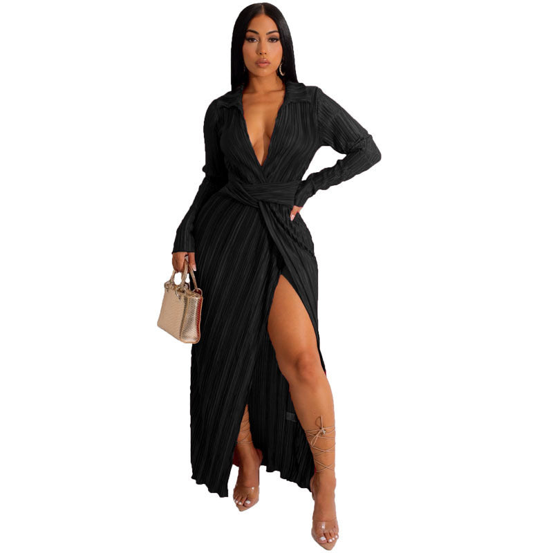 European And American Slit Dress Autumn And Winter New V-neck Long Sleeve Pleated Dress