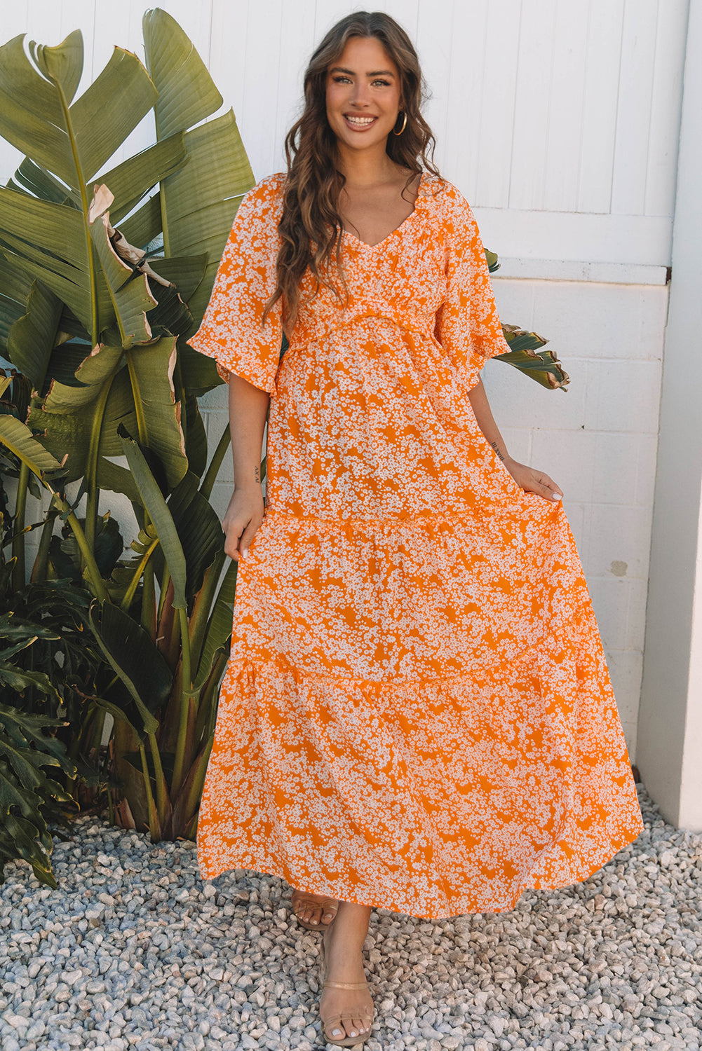 Orange Floral Print Smocked V Neck Wide Sleeve Maxi Dress