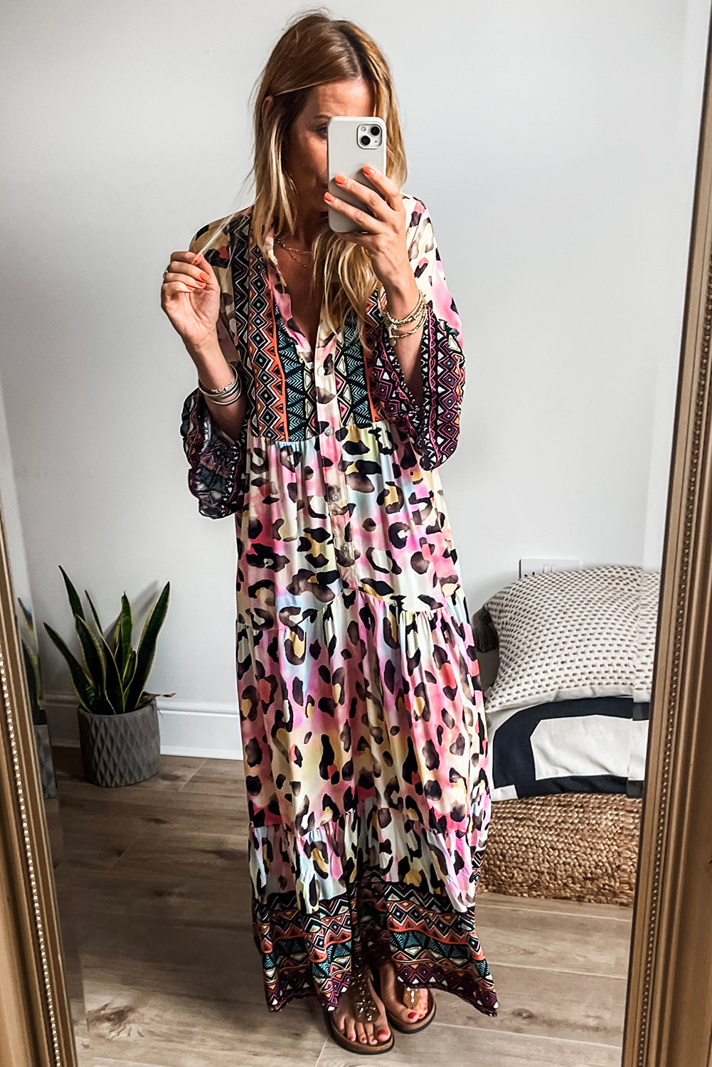 Pink Western Leopard Printed 3/4 Sleeve Buttoned Front Tiered Maxi Dress