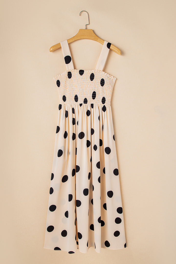 Oatmeal Polka Dot Smocked Fit Flared Sleeveless Long Dress