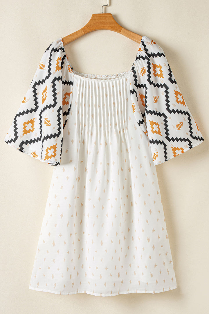 Beige Western Aztec Print Pleated Square Neck Loose Mini Dress