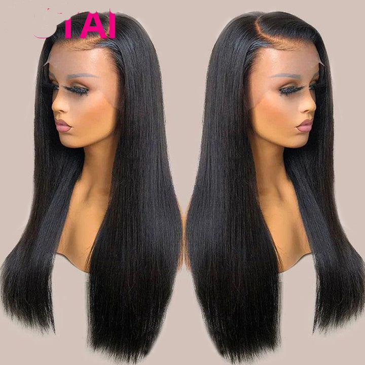 Real Human Hair Lace Wig Set Straight Hair Black Medium Length