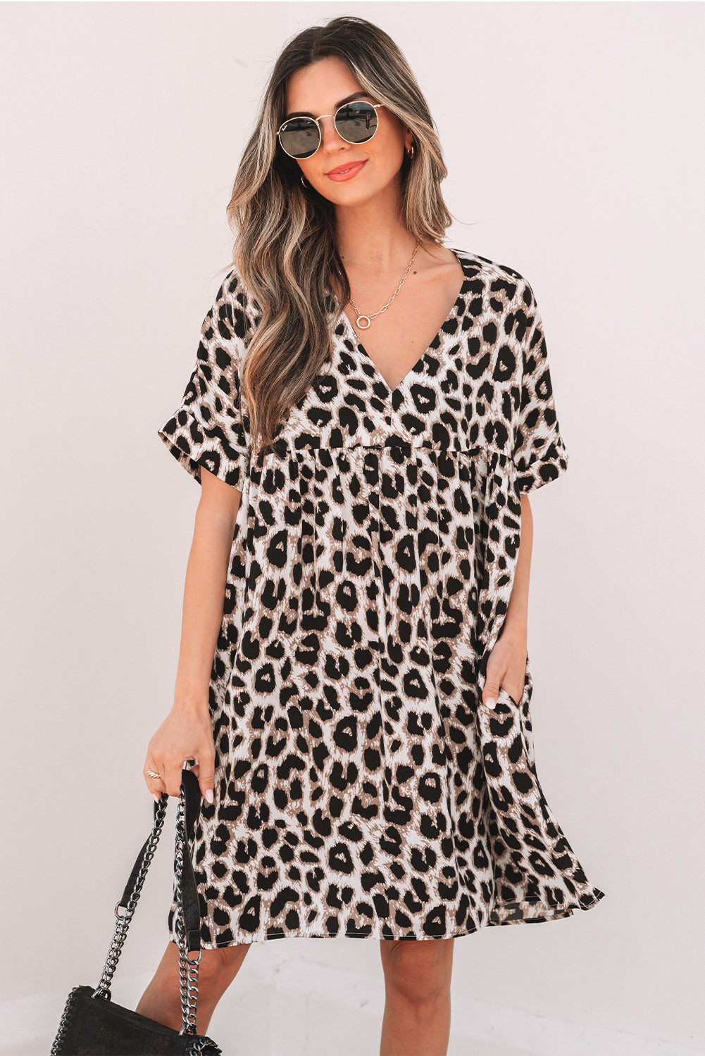 Khaki Cheetah Print Backless V Neck Loose Fit Mini Dress