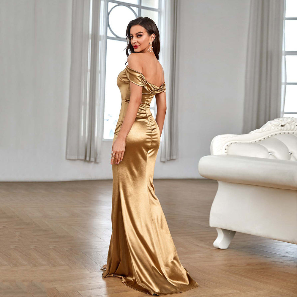 Women's Temperament Fashion One Shoulder Satin Open Evening Dress