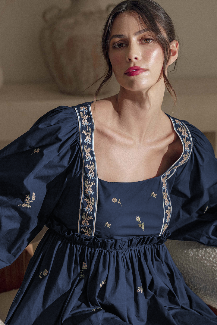 Blue Floral Embroidered Square Neck Puff Sleeve Ruffled Mini Dress