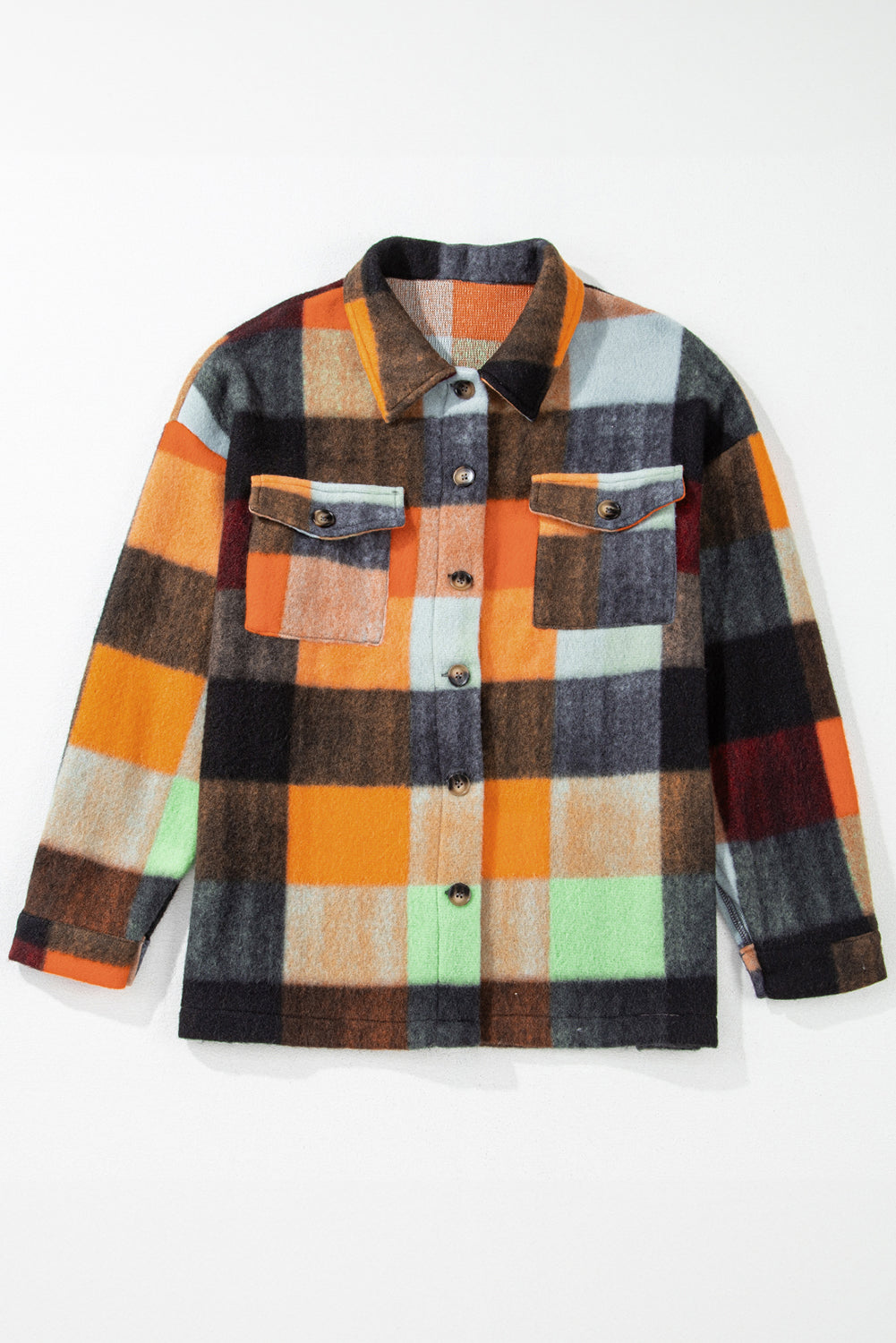 Orange Plaid Print Flap Pocket Long Jacket