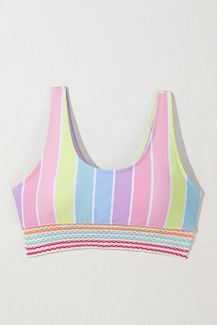 Pink Chevron Hollowed Trim 2pcs Rainbow Stripe Bikini Swimsuit