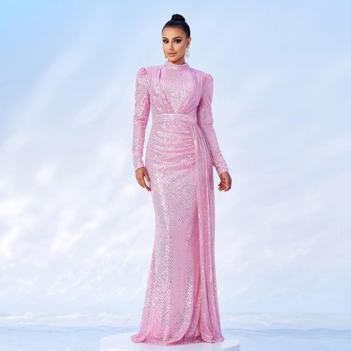 Long Sleeve Round Neck Sexy Slim Long Sequined Banquet Dress