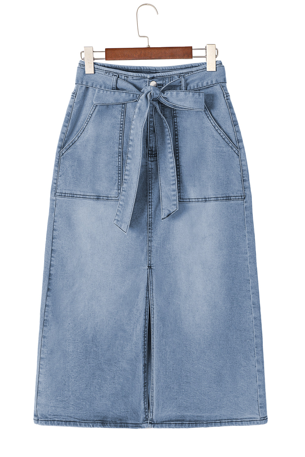 Dusk Blue Light Wash Belted High Waist Midi Denim Skirt